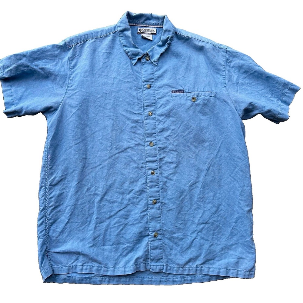 Columbia Mens XL Solid Blue Ramie Cotton Woven Button Up Short Sleeve Pockets